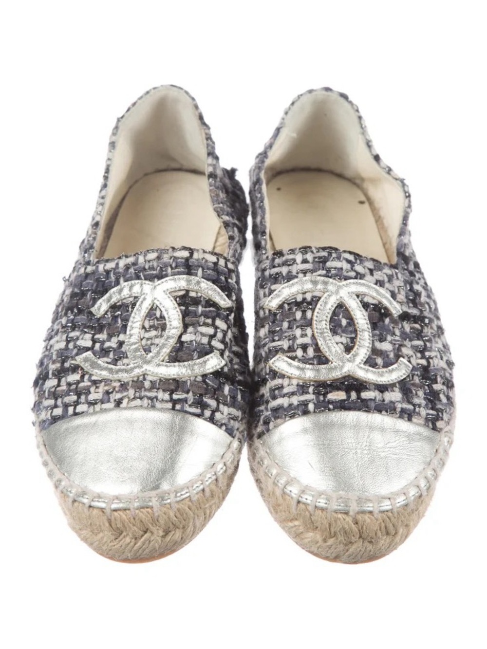 CHANEL Silver & Navy Tweed Espadrille Flats with CC Logo